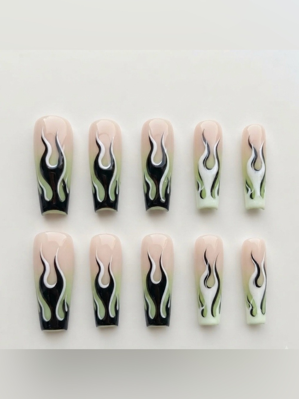 Flame Press-On Nails in Black, Pale Pink & Lime Green